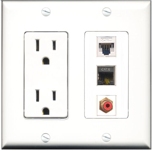 RiteAV - 15 Amp Power Outlet 1 Port RCA Red 1 Port Shielded Cat6 Ethernet Ethernet 1 Port Cat5e Ethernet White Decorative Wall Plate