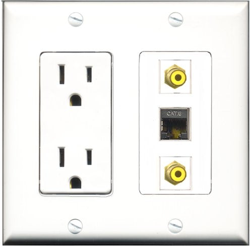 RiteAV - 15 Amp Power Outlet 2 Port RCA Yellow 1 Port Shielded Cat6 Ethernet Ethernet Decorative Wall Plate