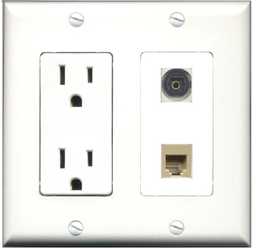 RiteAV - 15 Amp Power Outlet and 1 Port Phone RJ11 RJ12 Beige and 1 Port Toslink Decorative Type Wall Plate White