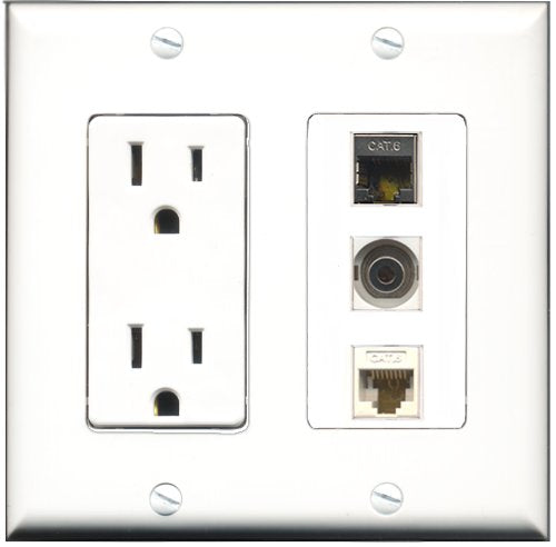 RiteAV - 15 Amp Power Outlet 1 Port Shielded Cat6 Ethernet Ethernet 1 Port 3.5mm 1 Port Cat6 Ethernet Ethernet White Decorative Wall Plate