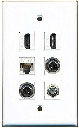 RiteAV - 2 HDMI 1 Port Coax Cable TV- F-Type 2 Port 3.5mm 1 Port Cat5e Ethernet White Wall Plate