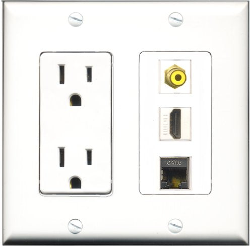 RiteAV - 15 Amp Power Outlet 1 Port HDMI 1 Port RCA Yellow 1 Port Shielded Cat6 Ethernet Ethernet Decorative Wall Plate