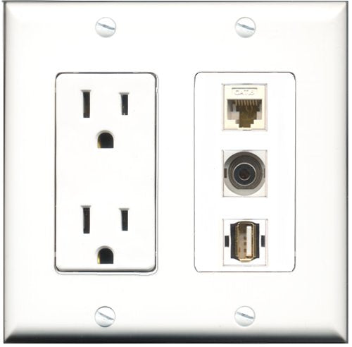 RiteAV - 15 Amp Power Outlet 1 Port USB A-A 1 Port 3.5mm 1 Port Cat6 Ethernet Ethernet White Decorative Wall Plate