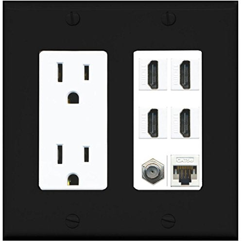 RiteAV 15A Power Outlet, 4 HDMI, 1 Cat5e Ethernet, 1 Coax Cable TV Wall Plate - Black/White