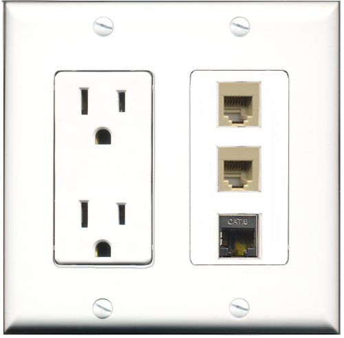RiteAV - 15 Amp Power Outlet 2 Port Phone Beige 1 Port Shielded Cat6 Ethernet Ethernet Decorative Wall Plate