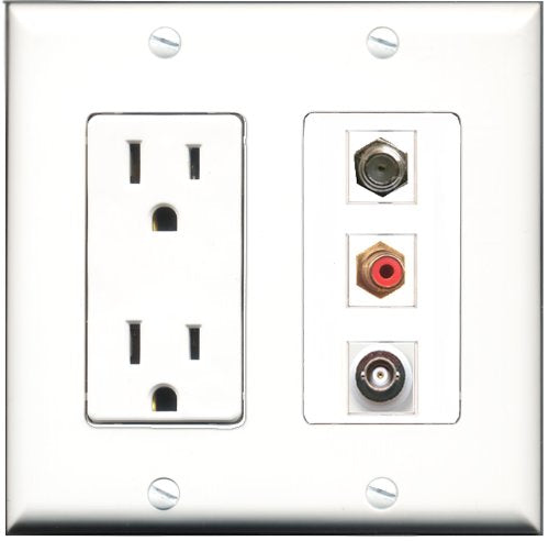 RiteAV - 15 Amp Power Outlet 1 Port RCA Red 1 Port Coax 1 Port BNC Decorative Wall Plate