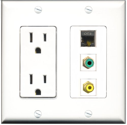 RiteAV - 15 Amp Power Outlet 1 Port RCA Yellow 1 Port RCA Green 1 Port Shielded Cat6 Ethernet Ethernet Decorative Wall Plate