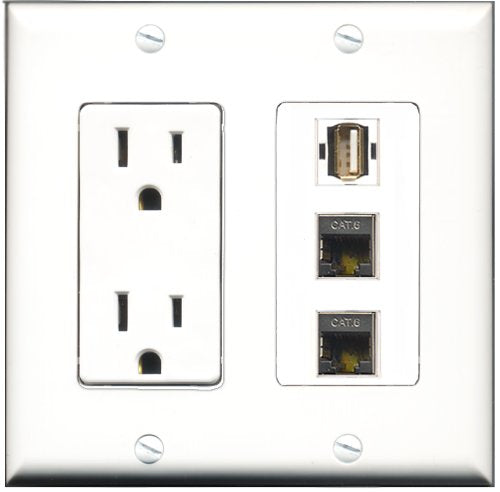 RiteAV - 15 Amp Power Outlet 1 Port USB A-A 2 Port Shielded Cat6 Ethernet Ethernet Decorative Wall Plate