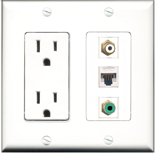 RiteAV - 15 Amp Power Outlet 1 Port RCA White 1 Port RCA Green 1 Port Cat5e Ethernet White Decorative Wall Plate