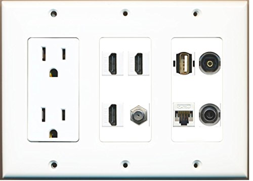RiteAV (3 Gang) 15A Power Outlet 3 HDMI Coax Cat5e White 3.5mm Toslink USB Wall Plate