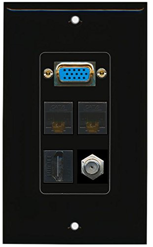 RiteAV (1 Gang Decorative) Svga HDMI Coax 2 Cat6 Ethernet Wall Plate Black