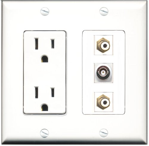 RiteAV - 15 Amp Power Outlet 2 Port RCA White 1 Port BNC Decorative Wall Plate
