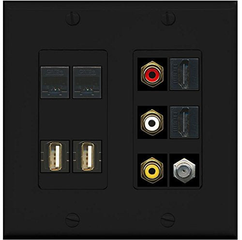 RiteAV - (2 Gang Decorative) Composite Video 2 USB 2 HDMI Coax 2 Cat5e Wall Plate Black