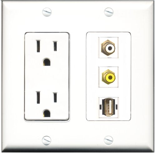 RiteAV - 15 Amp Power Outlet 1 Port RCA White 1 Port RCA Yellow 1 Port USB A-A Decorative Wall Plate