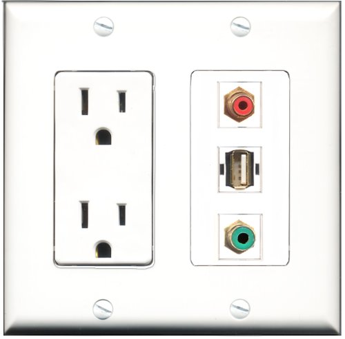 RiteAV - 15 Amp Power Outlet 1 Port RCA Red 1 Port RCA Green 1 Port USB A-A Decorative Wall Plate