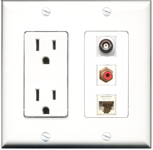 RiteAV - 15 Amp Power Outlet 1 Port RCA Red 1 Port BNC 1 Port Cat6 Ethernet Ethernet White Decorative Wall Plate