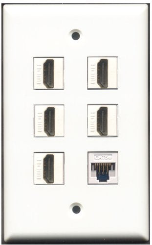 RiteAV - 5 Port HDMI 1 Cat5e Ethernet White Wall Plate