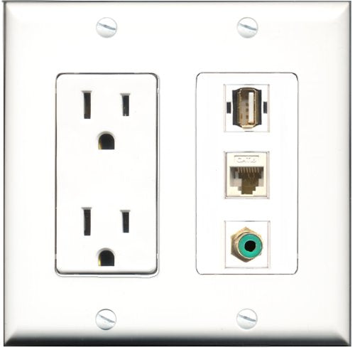 RiteAV - 15 Amp Power Outlet 1 Port RCA Green 1 Port USB A-A 1 Port Cat6 Ethernet Ethernet White Decorative Wall Plate