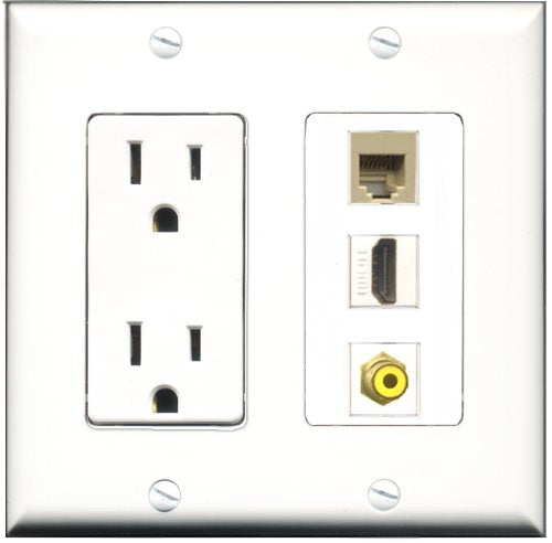 RiteAV - 15 Amp Power Outlet 1 Port HDMI 1 Port RCA Yellow 1 Port Phone Beige Decorative Wall Plate