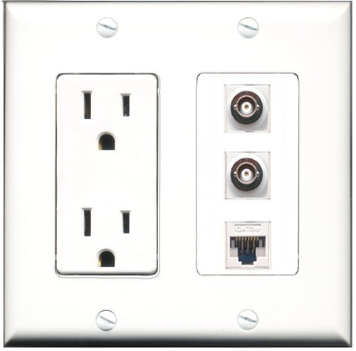 RiteAV - 15 Amp Power Outlet 2 Port BNC 1 Port Cat5e Ethernet White Decorative Wall Plate