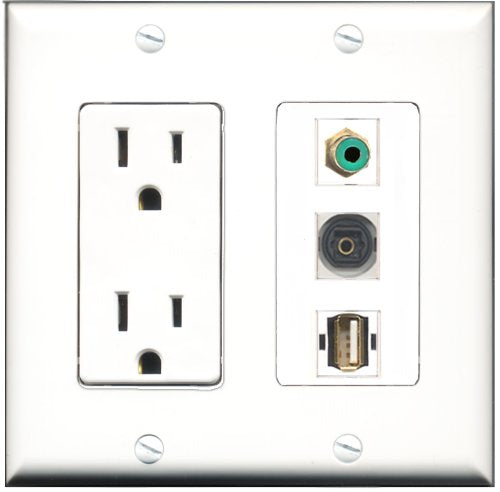 RiteAV - 15 Amp Power Outlet 1 Port RCA Green 1 Port USB A-A 1 Port Toslink Decorative Wall Plate