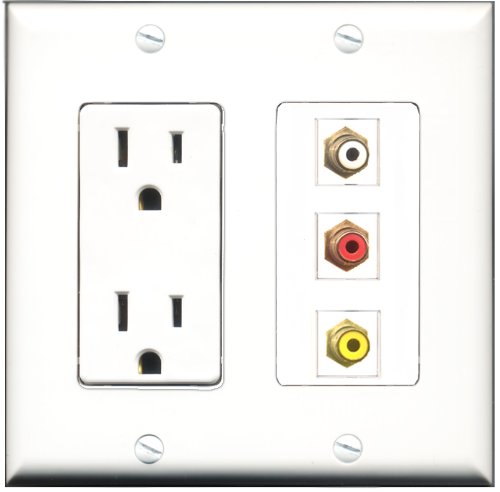 RiteAV - 15 Amp Power Outlet 1 Port RCA Red 1 Port RCA White 1 Port RCA Yellow Decorative Wall Plate
