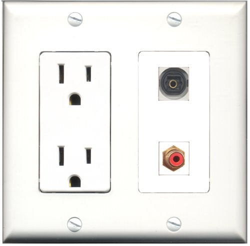 RiteAV - 15 Amp Power Outlet and 1 Port RCA Red and 1 Port Toslink Decorative Type Wall Plate White