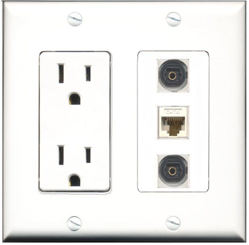 RiteAV - 15 Amp Power Outlet 2 Port Toslink 1 Port Cat6 Ethernet Ethernet White Decorative Wall Plate