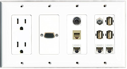 RiteAV - (4 Gang) 15A Power Outlet Svga Coax 3 Cat5e+USB 3.5mm Rj11-12 Phone Wall Plate