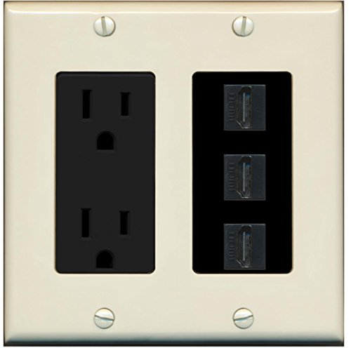 RiteAV - 15 Amp Power Outlet 3 Port HDMI Decorative Wall Plate - Light Almond/Black