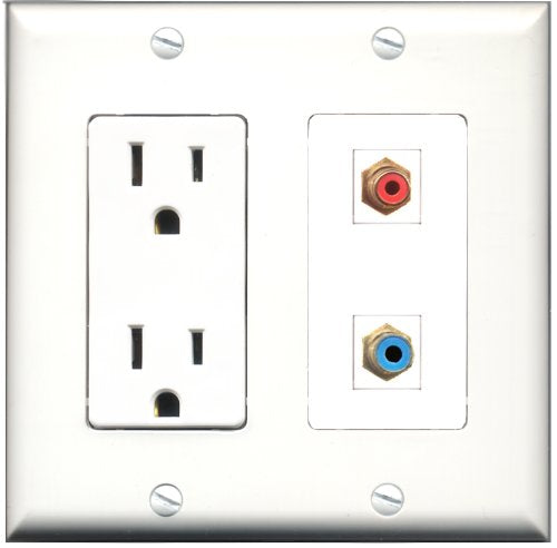 RiteAV - 15 Amp Power Outlet and 1 Port RCA Red and 1 Port RCA Blue Decorative Type Wall Plate White