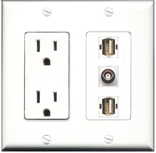 RiteAV - 15 Amp Power Outlet 2 Port USB A-A 1 Port BNC Decorative Wall Plate