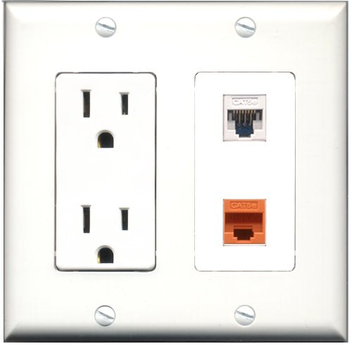 RiteAV - 15 Amp Power Outlet and 1 Port Cat5e Ethernet White and 1 Port Cat5e Ethernet Orange Decorative Type Wall Plate White
