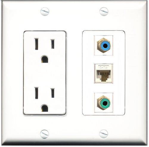 RiteAV - 15 Amp Power Outlet 1 Port RCA Green 1 Port RCA Blue 1 Port Cat6 Ethernet Ethernet White Decorative Wall Plate