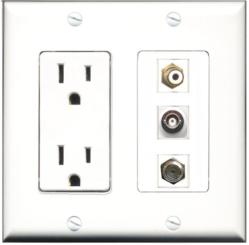 RiteAV - 15 Amp Power Outlet 1 Port RCA White 1 Port Coax 1 Port BNC Decorative Wall Plate