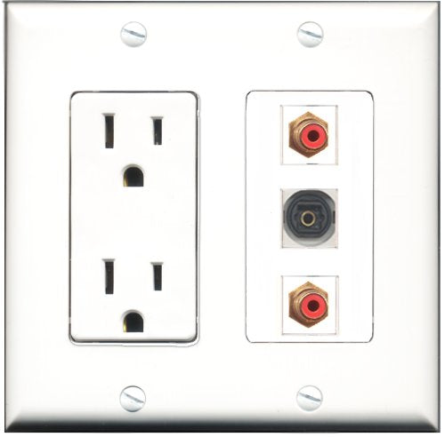 RiteAV - 15 Amp Power Outlet 2 Port RCA Red 1 Port Toslink Decorative Wall Plate