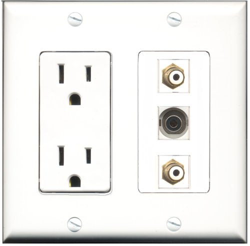 RiteAV - 15 Amp Power Outlet 2 Port RCA White 1 Port 3.5mm Decorative Wall Plate