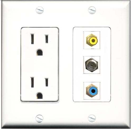 RiteAV - 15 Amp Power Outlet 1 Port RCA Yellow 1 Port RCA Blue 1 Port Coax Decorative Wall Plate
