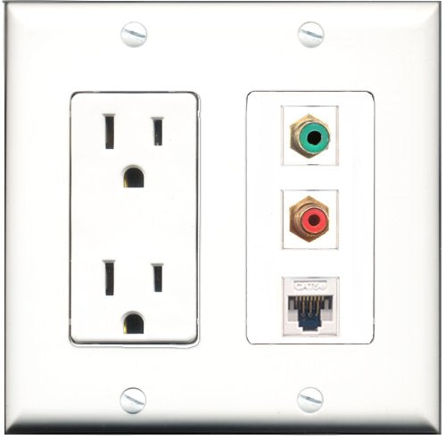 RiteAV - 15 Amp Power Outlet 1 Port RCA Red 1 Port RCA Green 1 Port Cat5e Ethernet White Decorative Wall Plate
