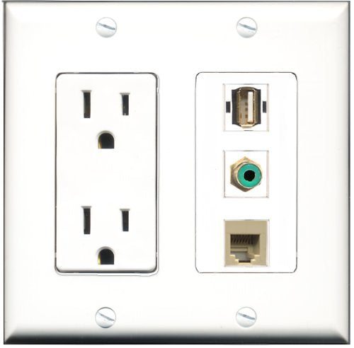 RiteAV - 15 Amp Power Outlet 1 Port RCA Green 1 Port USB A-A 1 Port Phone Beige Decorative Wall Plate