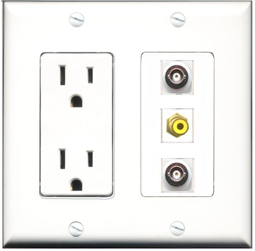 RiteAV - 15 Amp Power Outlet 1 Port RCA Yellow 2 Port BNC Decorative Wall Plate