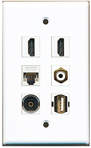 RiteAV - 2 HDMI 1 Port RCA White 1 Port USB A-A 1 Port Toslink 1 Port Cat5e Ethernet White Wall Plate