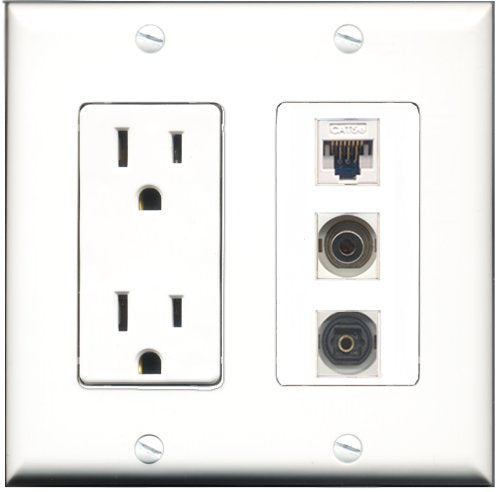 RiteAV - 15 Amp Power Outlet 1 Port Toslink 1 Port 3.5mm 1 Port Cat5e Ethernet White Decorative Wall Plate