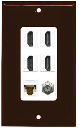 RiteAV - 4 Port HDMI 1 Coax Cable TV- F-Type 1 Cat6 Ethernet Wall Plate Decorative - Brown/White