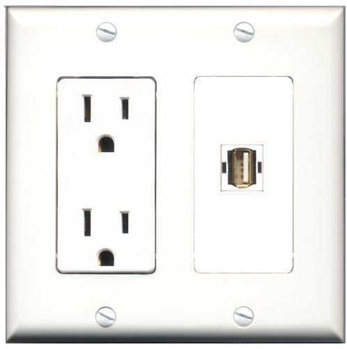 RiteAV - 15 Amp Power Outlet and 1 Port USB A-A Decorative Type Wall Plate White