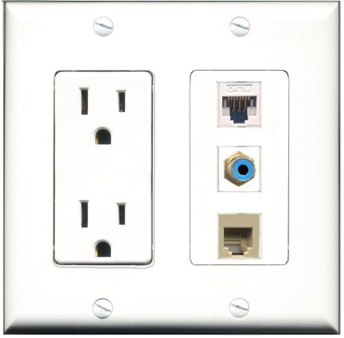 RiteAV - 15 Amp Power Outlet 1 Port RCA Blue 1 Port Phone Beige 1 Port Cat5e Ethernet White Decorative Wall Plate