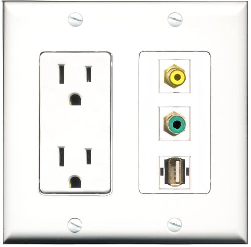 RiteAV - 15 Amp Power Outlet 1 Port RCA Yellow 1 Port RCA Green 1 Port USB A-A Decorative Wall Plate