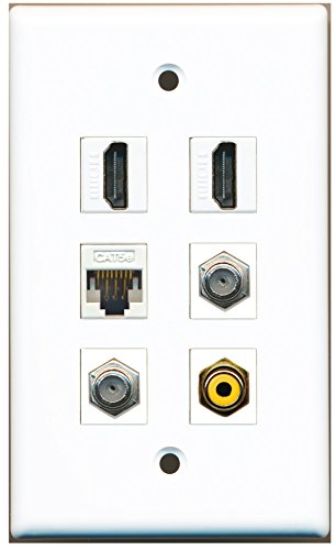RiteAV - 2 HDMI 1 Port RCA Yellow 2 Port Coax Cable TV- F-Type 1 Port Cat5e Ethernet White Wall Plate