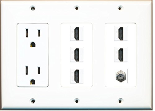 RiteAV - (3 Gang) 15A Power Outlet 5 HDMI Coax Cable TV Wall Plate White