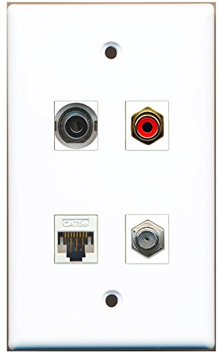 RiteAV - 1 Port RCA Red 1 Port Coax Cable TV- F-Type 1 Port 3.5mm 1 Port Cat5e Ethernet White Wall Plate